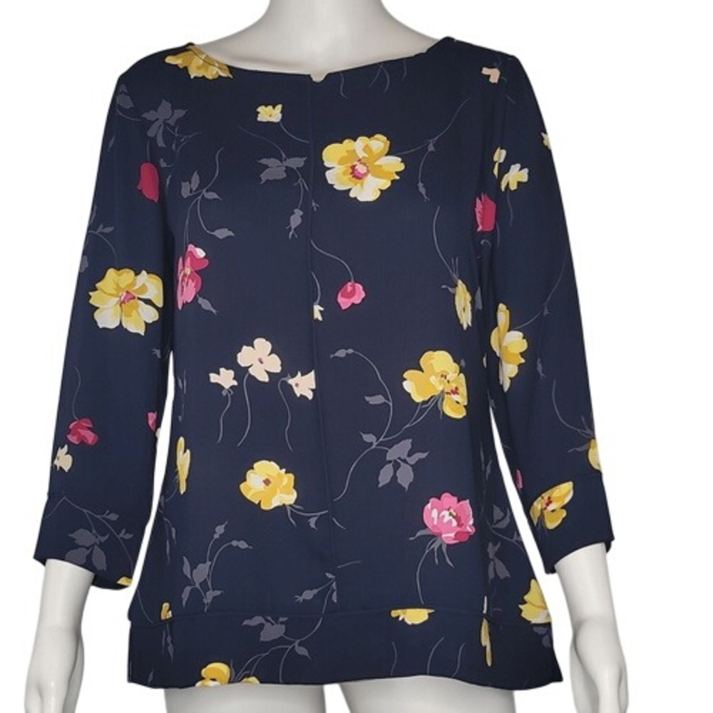 Ann Taylor Navy Blue Floral 3/4‎ Sleeve Blouse